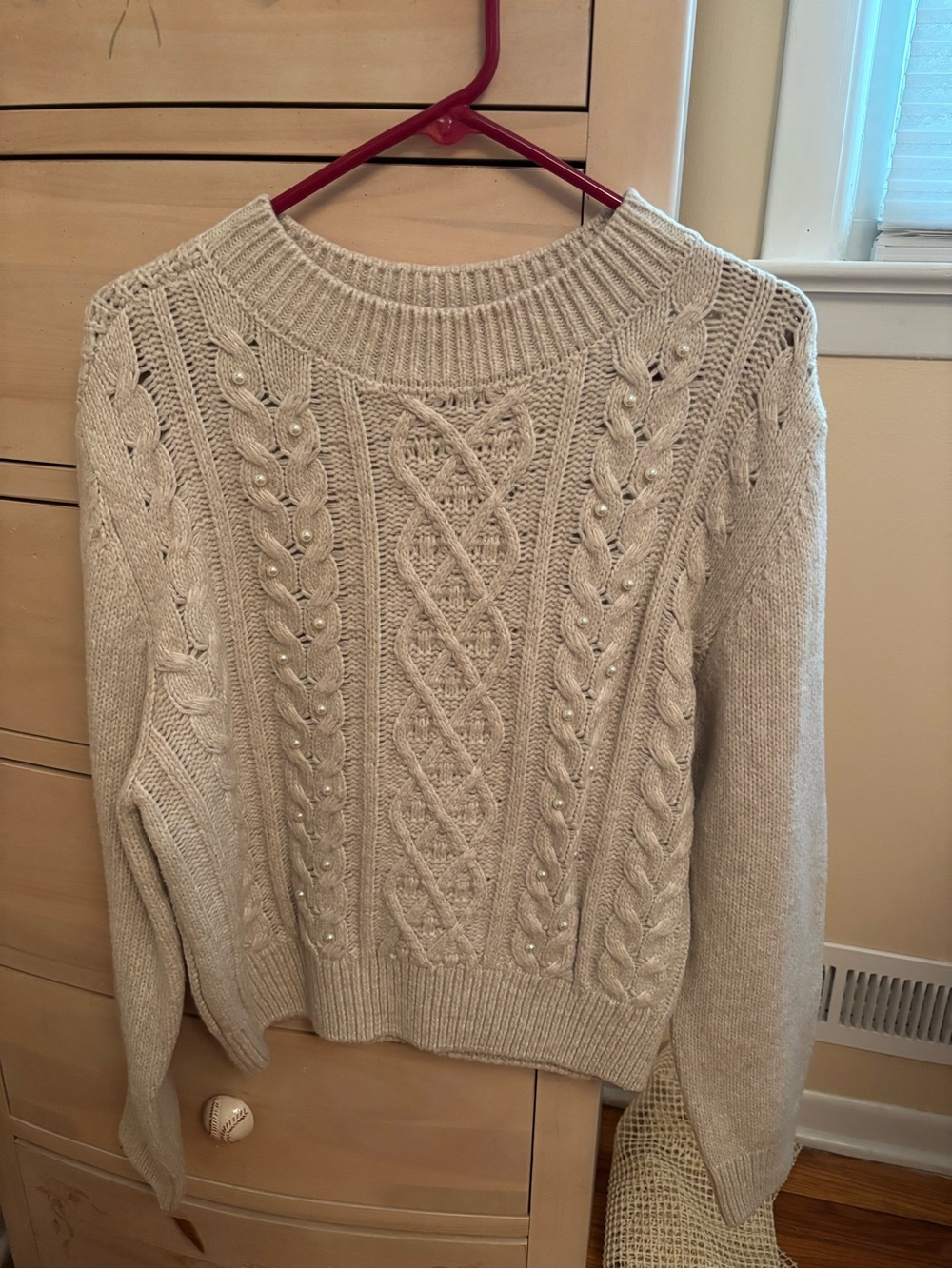 Crewneck Cable Knit Sweater with Pearl Accents - Cream